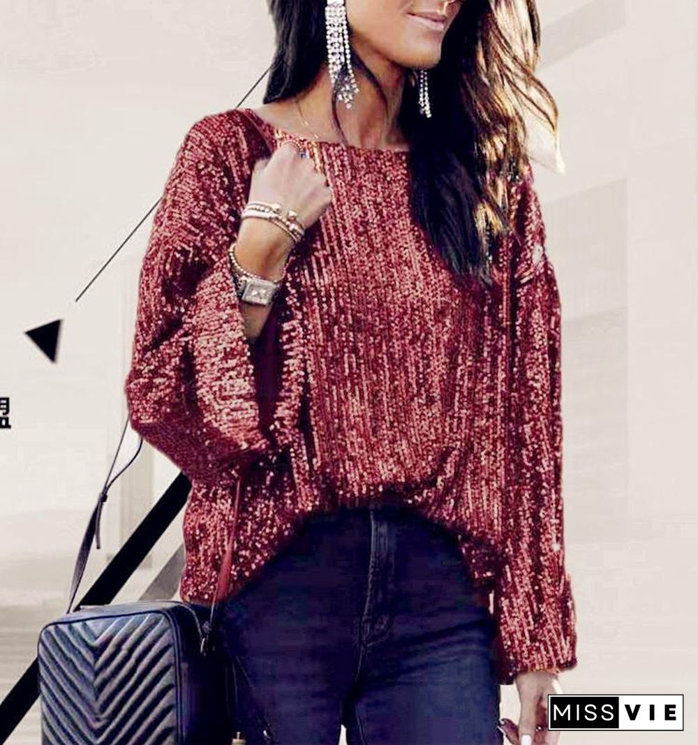 Round Neck Sequins Simple Shirt