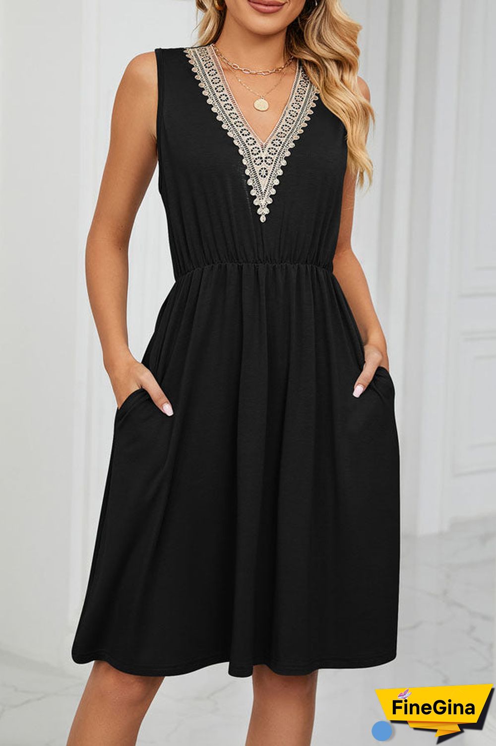 V Neck Patchwork High Waist Solid Color Dress