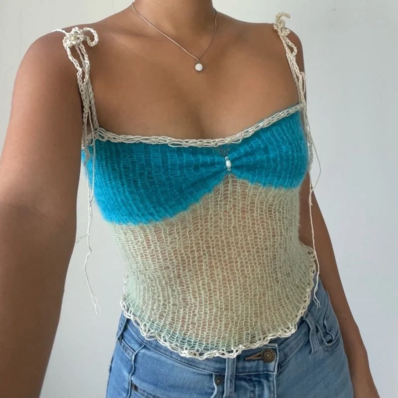 Kawaii Girl Knitted Tie-Up Strap Crop Top  Hollow Out Backless Camisole Chic Women Vintage Mini Vest Y2K Retro Streetwear