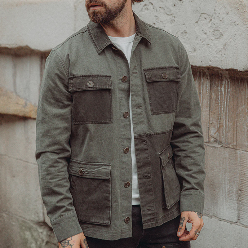Men's Vintage Dark Olive Paneled Single Breasted Jacket