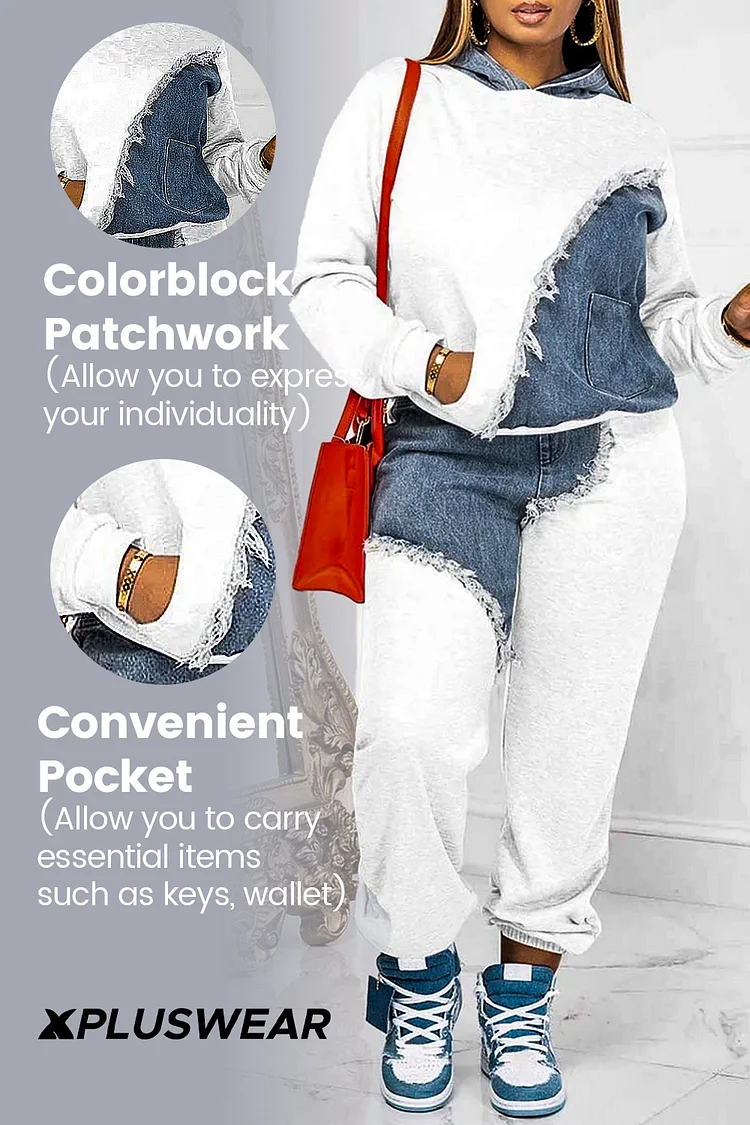 Xpluswear Plus Size Casual White Colorblock Denim Patchwork With Pocket Hooded Collar Long Sleeve Two Pieces Pants Set