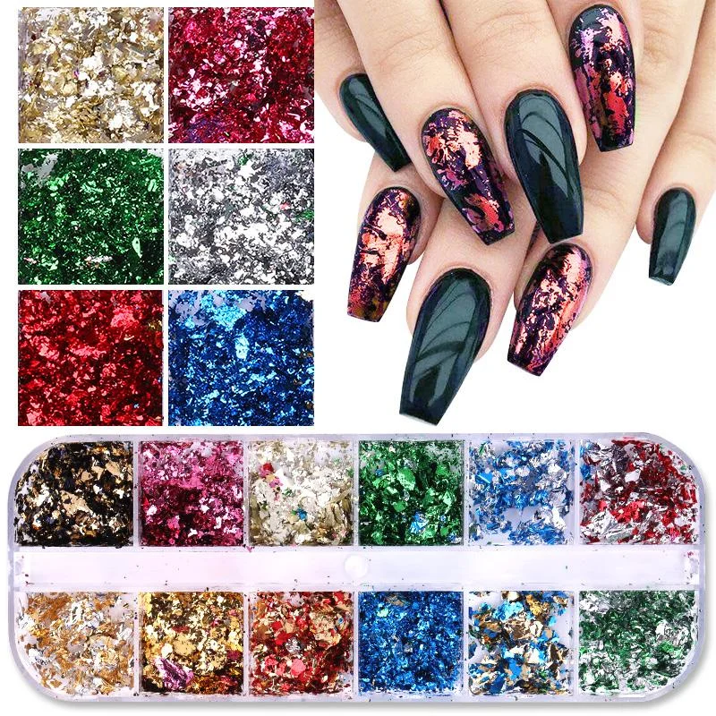 1Box Gold Silver Green Nail Art Foil Paper Colorful Irregular Aluminum Nail Sticker Glitter Gel Polish Decoration