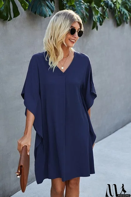 MidiSono - Vneck Dolman Sleeves Pleat Front Shift Dress