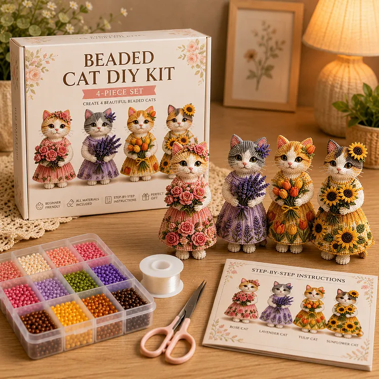 Beaded Cat DIY Kit &ndash; 4-Piece Handmade Floral Cat Collection for Adults