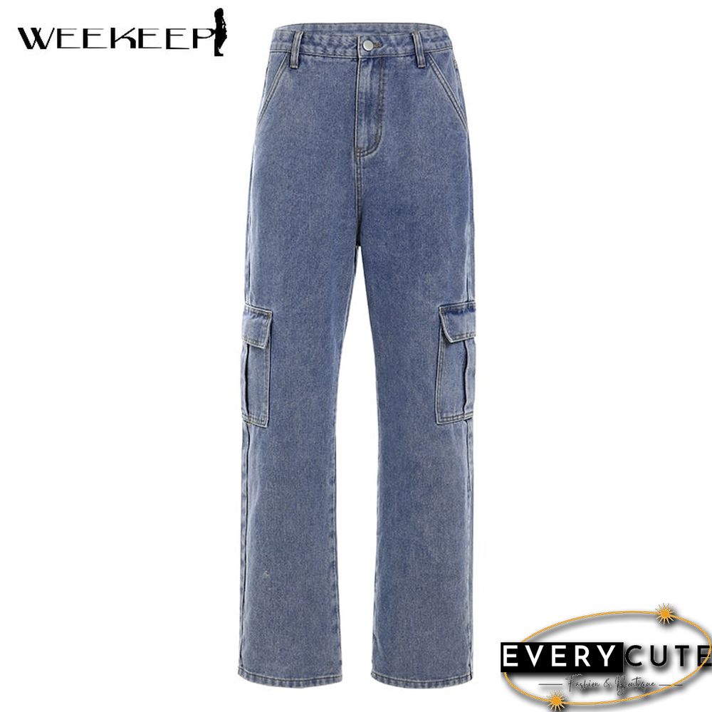 Weekeep Pockets Patchwork High Waist Women Streetwear Straight Jean Femme Blue Cotton