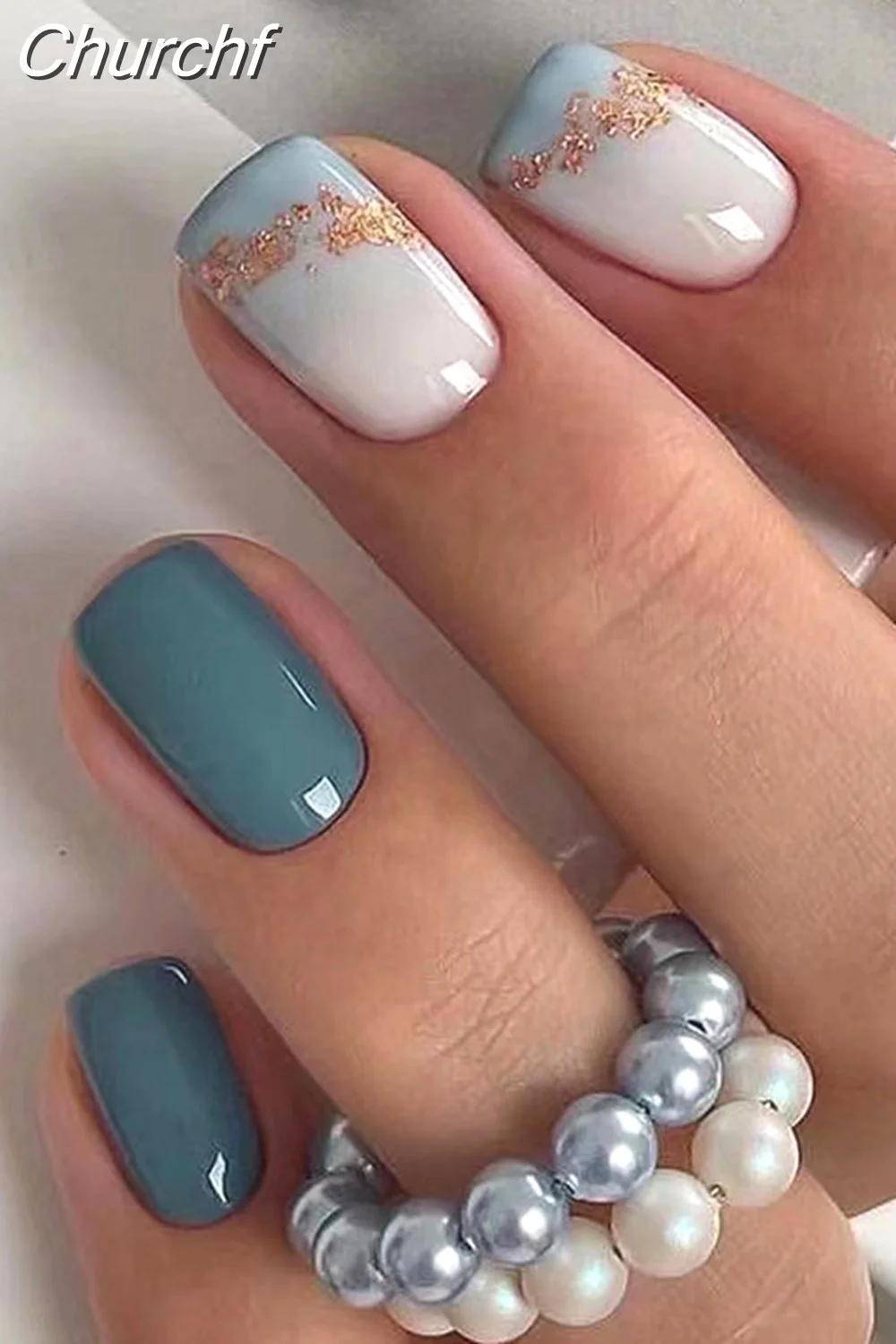 Churchf Wave Line Short Ballet French False Nails With Flower design Square Head Fake Nail Tips Simple Wearable Press On Nails-Nail Inspo