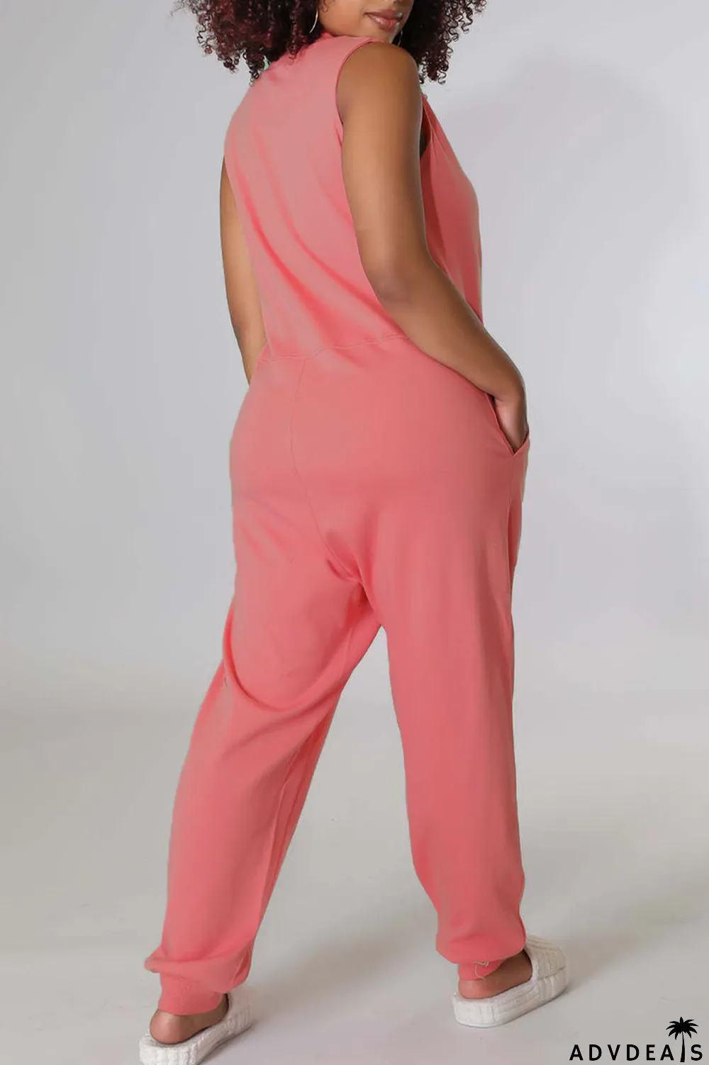 Rose Red Casual Solid Split Joint V Neck Straight Jumpsuits