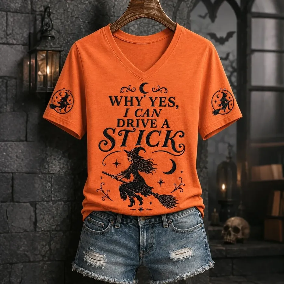 Comstylish Women's Retro "yes, Actually, I Can Drive A Manual" Halloween Print Casual V-neck T-shirt