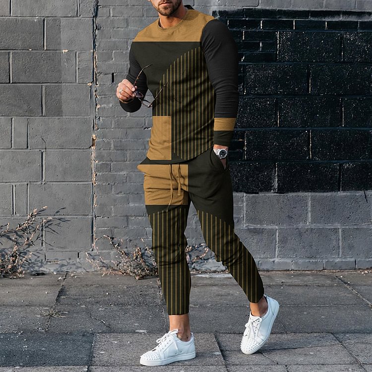 Men's Geometric Color Blocking Casual Long Sleeve T-Shirt And Pants Two Piece Set