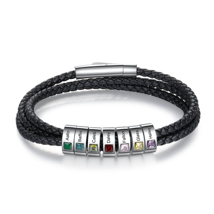 Pulsera personalizada con 7 nombres y 7 piedras de nacimiento para hombre