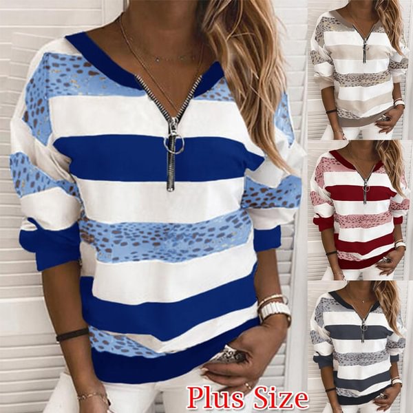 Autumn and Winter Women's Long Sleeve Tops V-neck College Style Casual Striped Print Pullover Loose Zipper Sweatshirt Plus Size S-5XL - Shop Trendy Women's Fashion | TeeYours