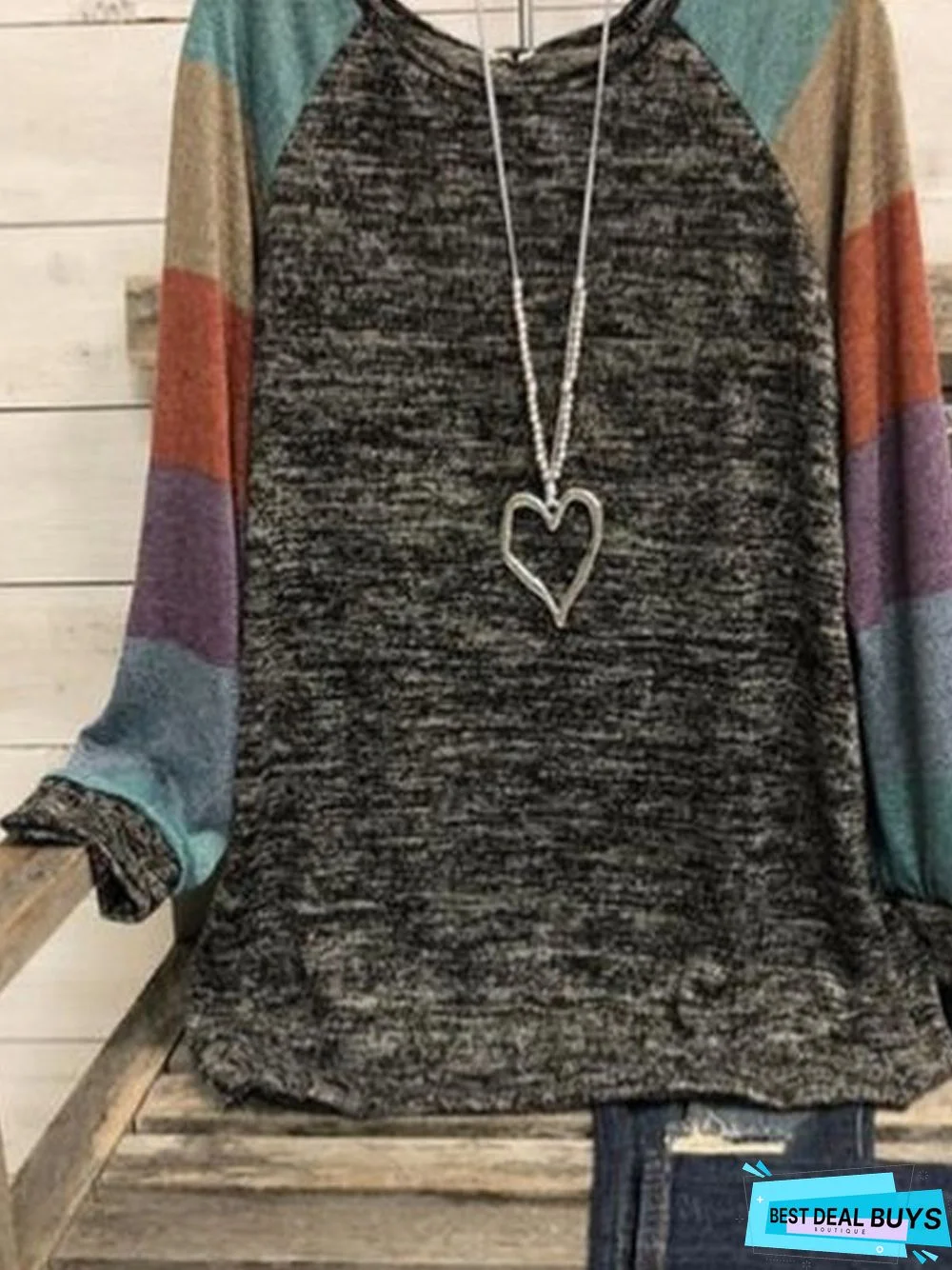 Multicolor Round Neck Long Sleeve Cotton-Blend Color-Block Tunic T-Shirt