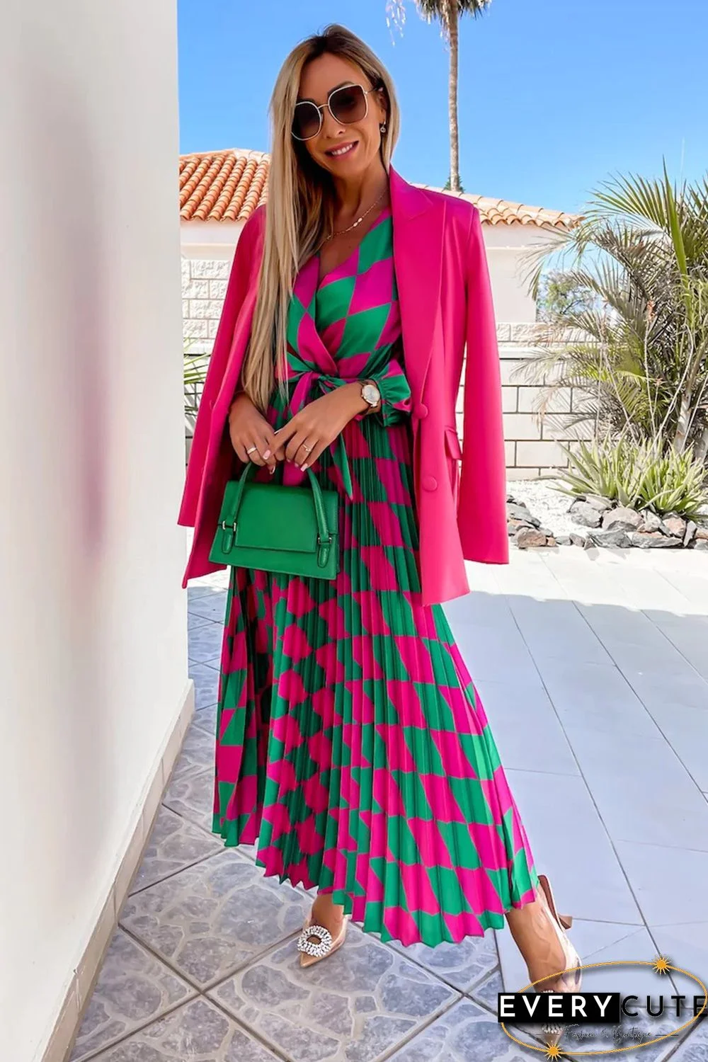 Multicolor Rhombus Contrast Color Block Belted Maxi Dress