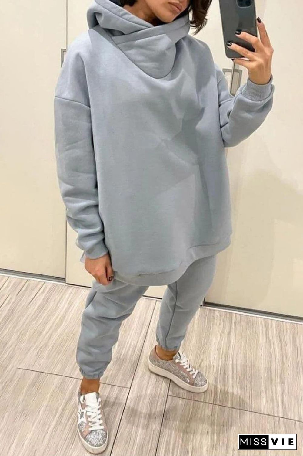 Casual Solid Pocket Hooded Collar Long Sleeve Two Pieces