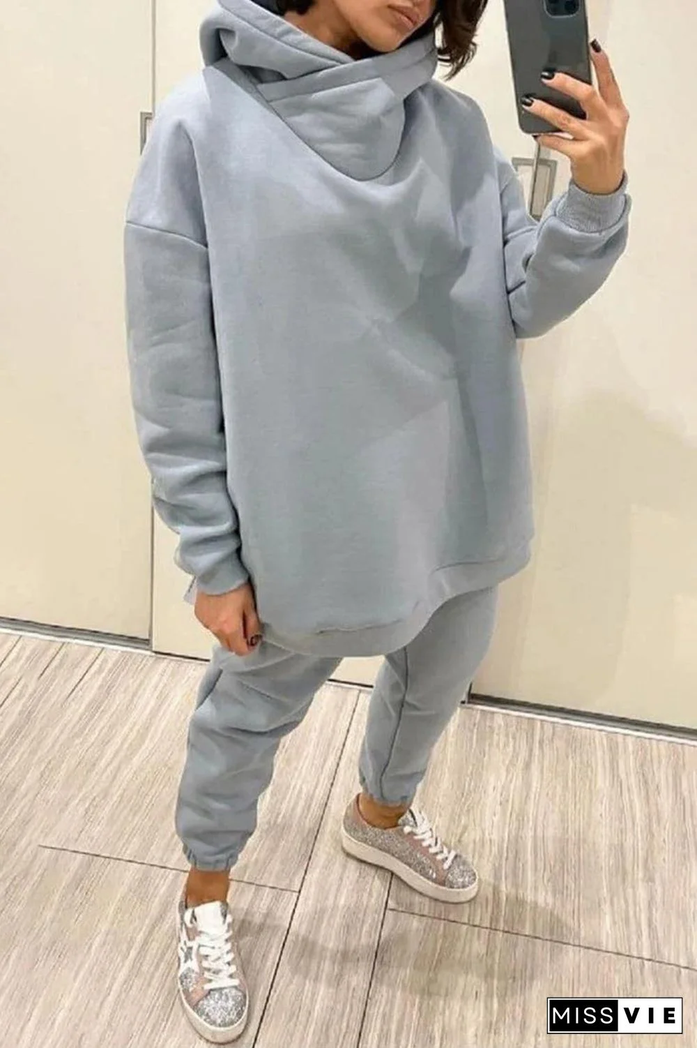 Casual Solid Pocket Hooded Collar Long Sleeve Two Pieces