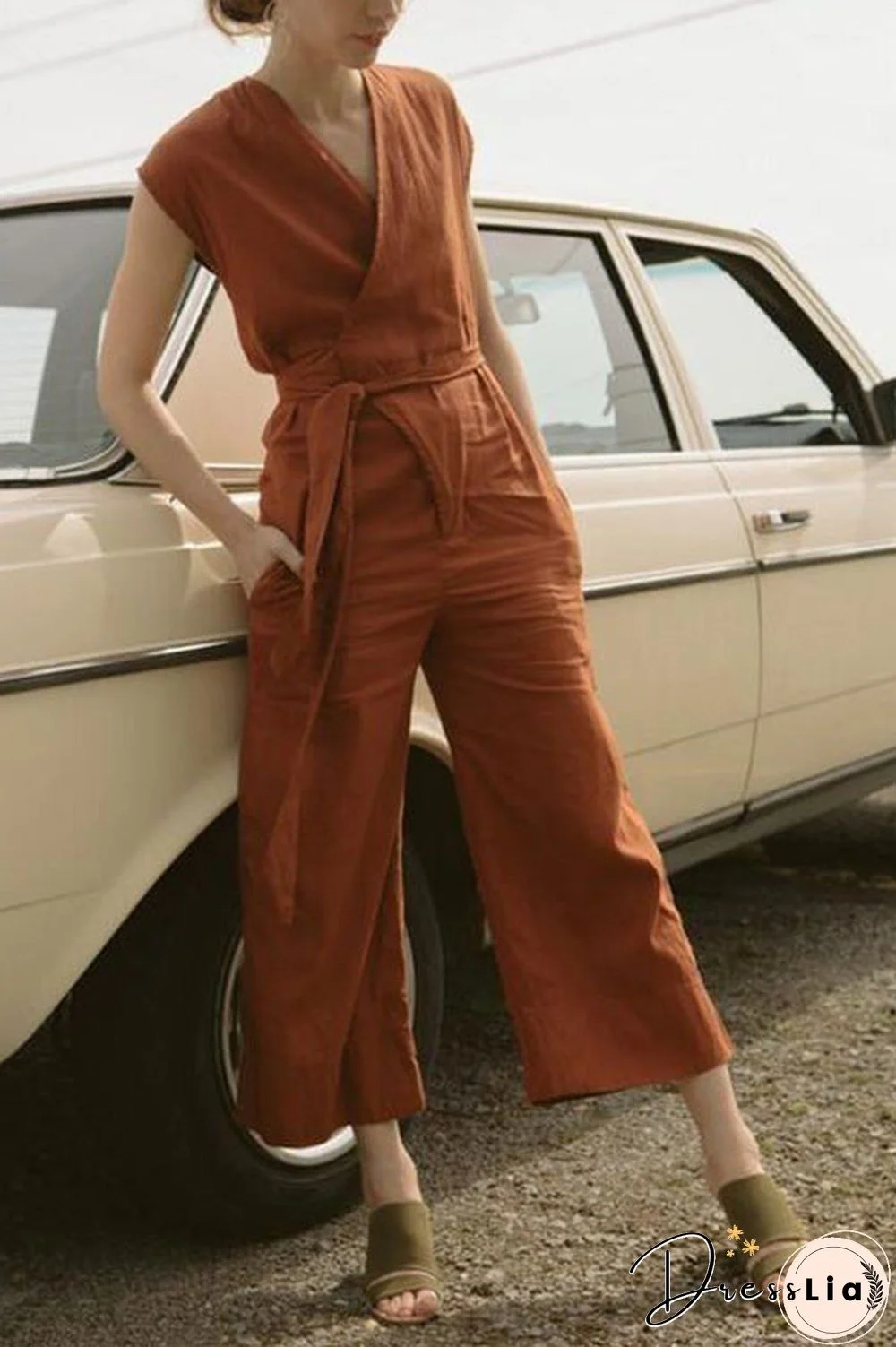 Linen V Neck Wrap Jumpsuits