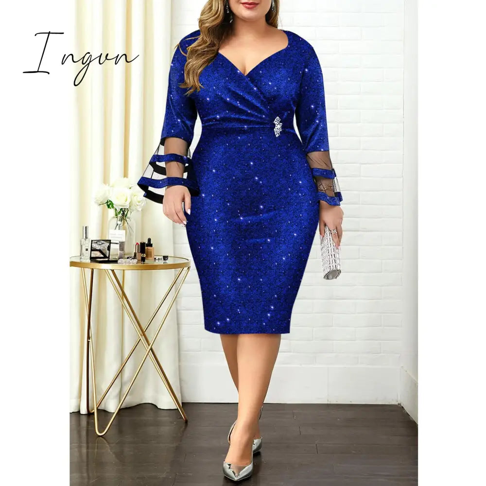 Ingvn - Plus Size Women Dresses Autumn Elegant Bright Silk Wedding Evening Birthday Party Dress V