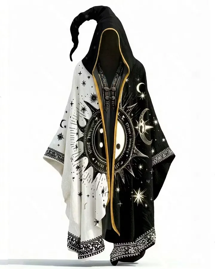Men's Summer Fashion Star and Moon Print Black and White Color Block Linen Hooded Cape 1854