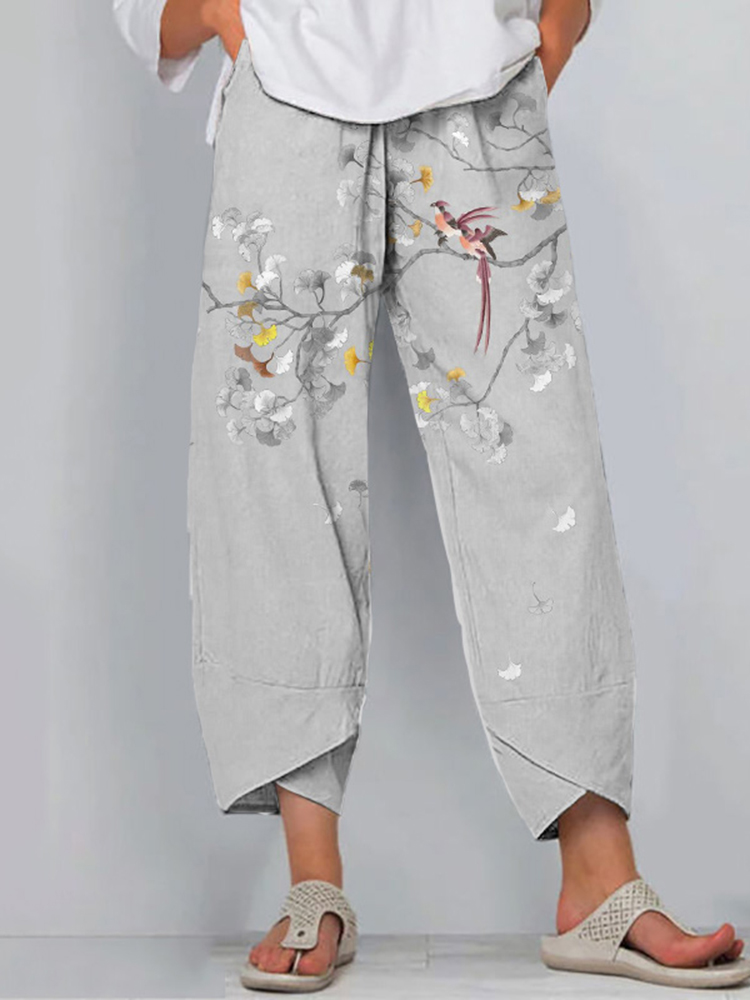 Comstylish Flower And Bird Printed Loose Casual Pants