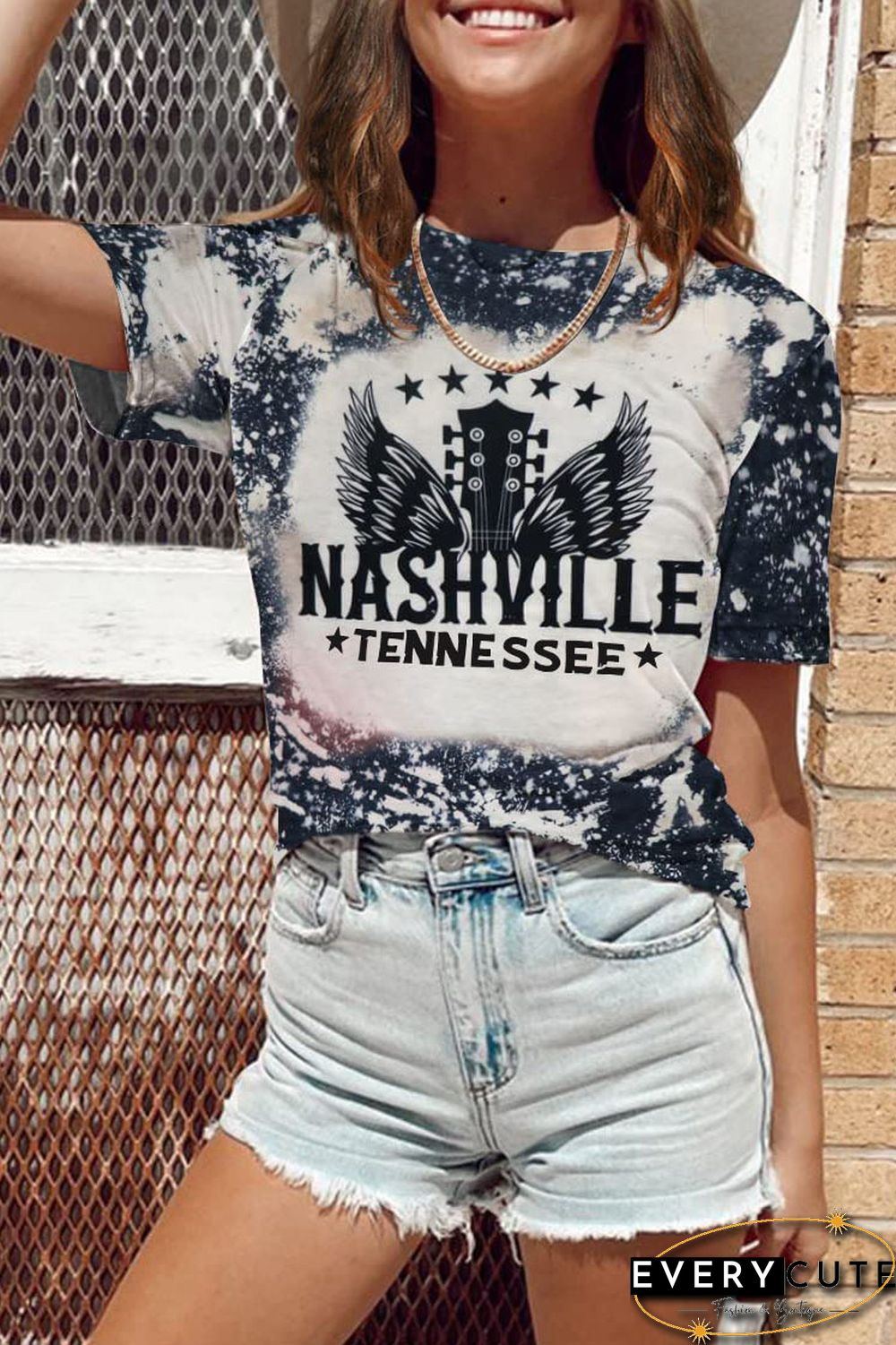 Multicolor Bleached Round Neck Short Sleeve T-shirt