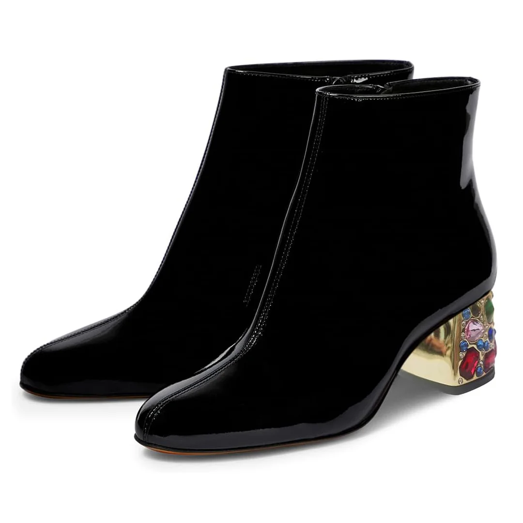 Patent Round Toe Rhinestone Block Heel Zipper Ankle Boots in Black