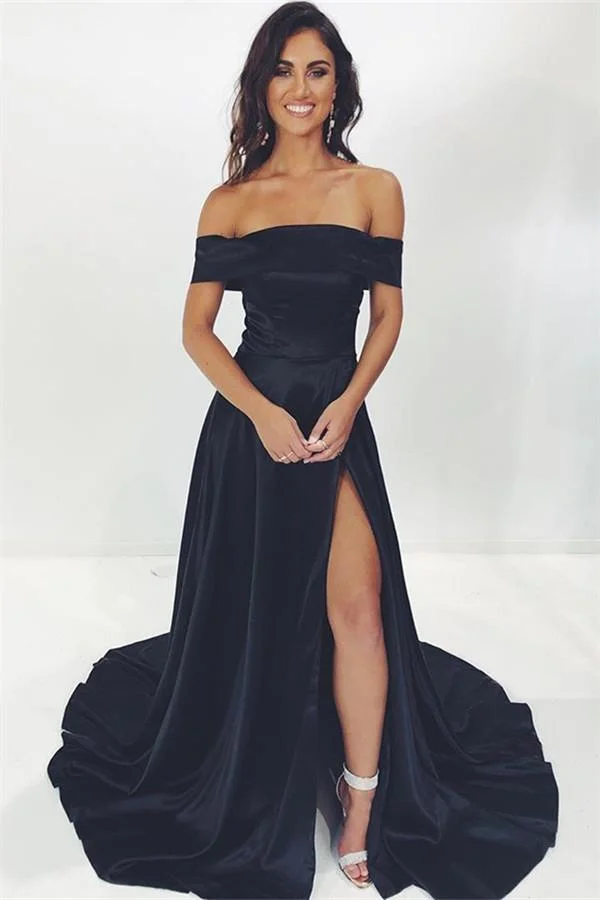 Daisda Off-the-Shoulder Black Prom Dress With Slit