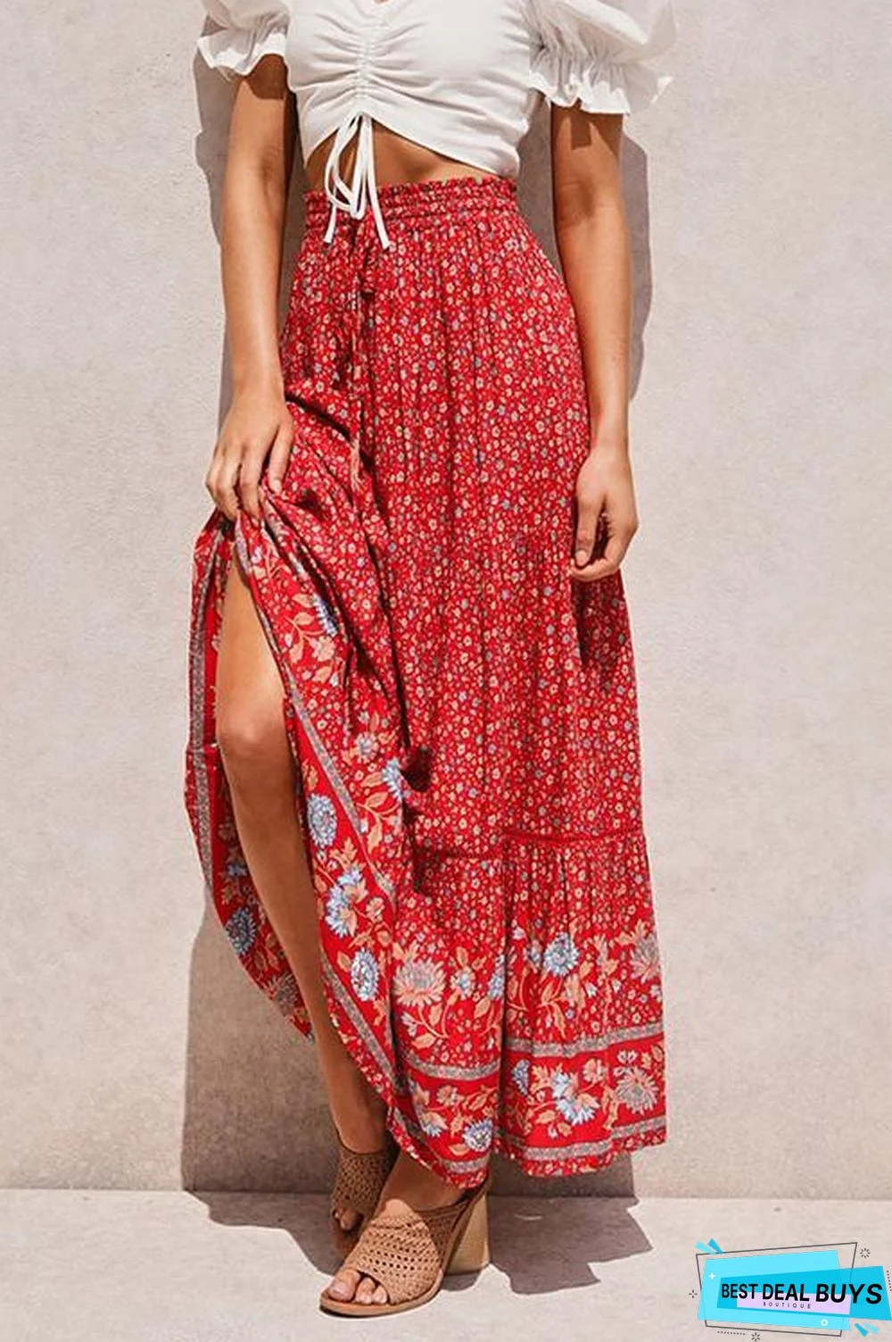 Floral Print Drawstring Waist Maxi Skirts