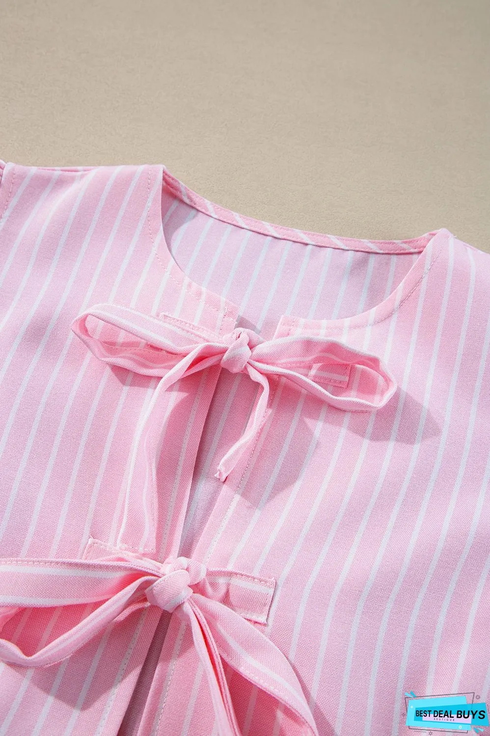 Pink Stripe Bowknot Front Crew Neck Puff Sleeve Blouse
