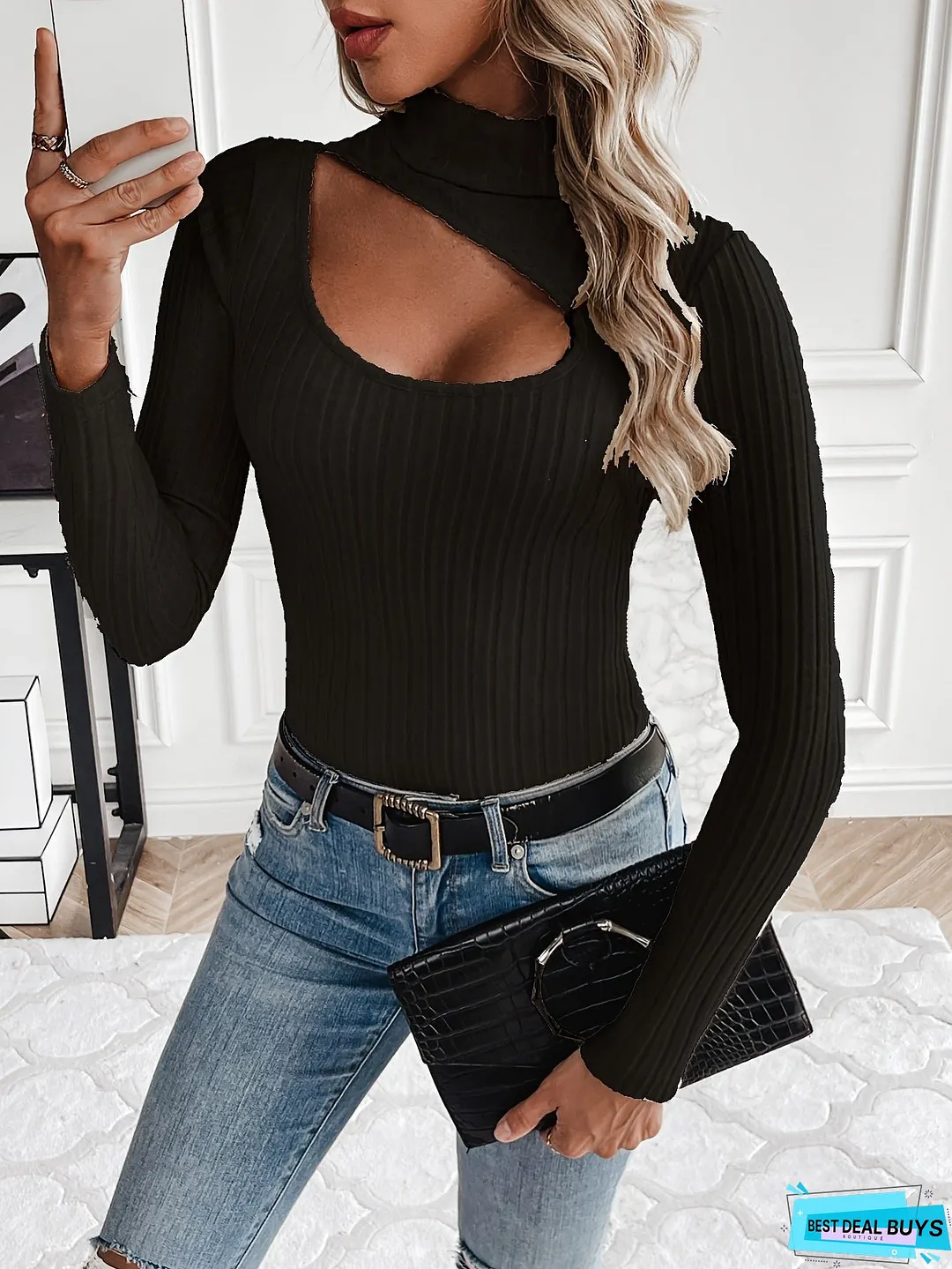 Cutout Ribbed Turtleneck T-Shirt, Casual Long Sleeve Top For Spring & Fall, Women's Clothing