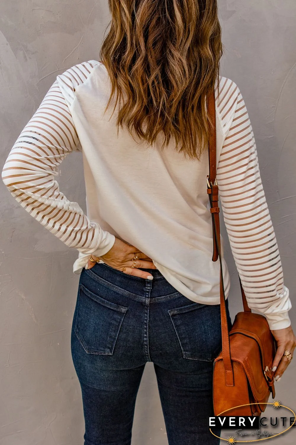 White Cute Fall Pumpkin Graphic Sheer Striped Long Sleeve Top