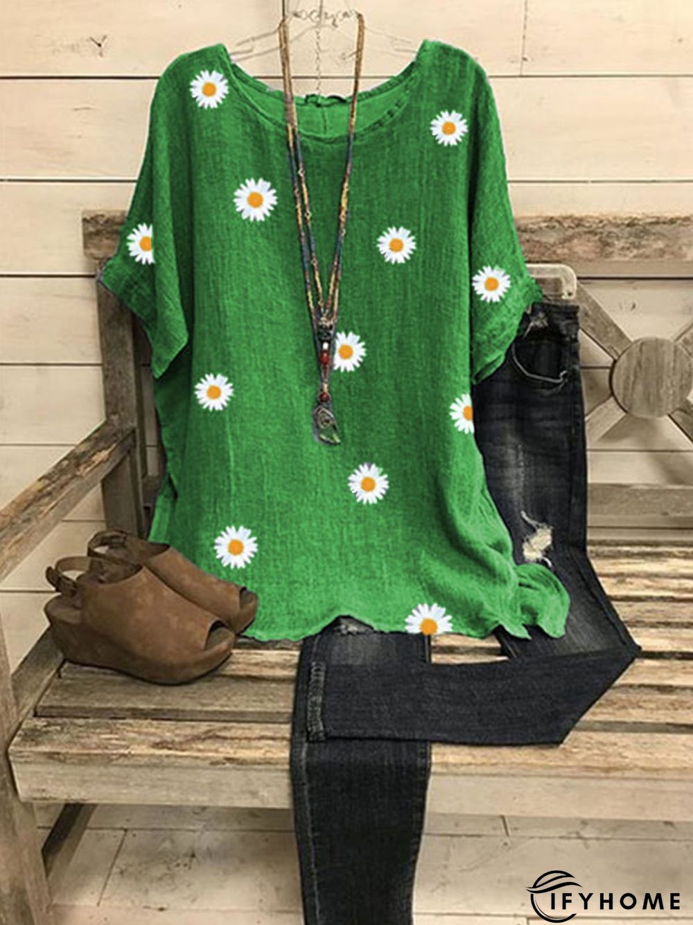 Gray Cotton-Blend Short Sleeve Floral Tops | IFYHOME