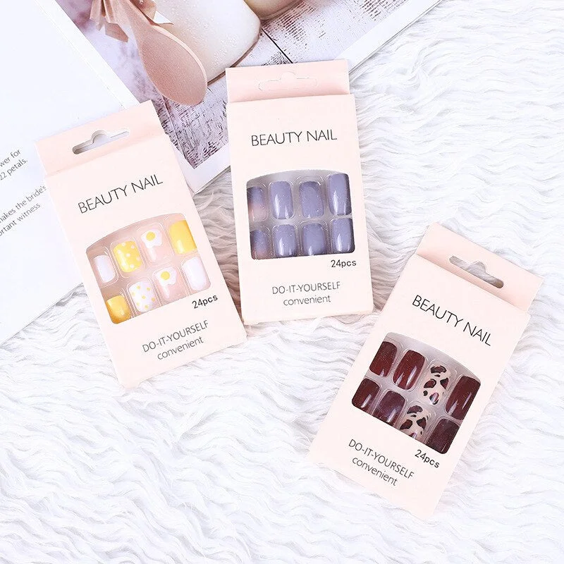 24pcs Butterfly Print Nails Patch Glue Type Long Paragraph Fashion Manicure Patch False Nails Save Time Nail Patch New SANA889-Nail Inspo