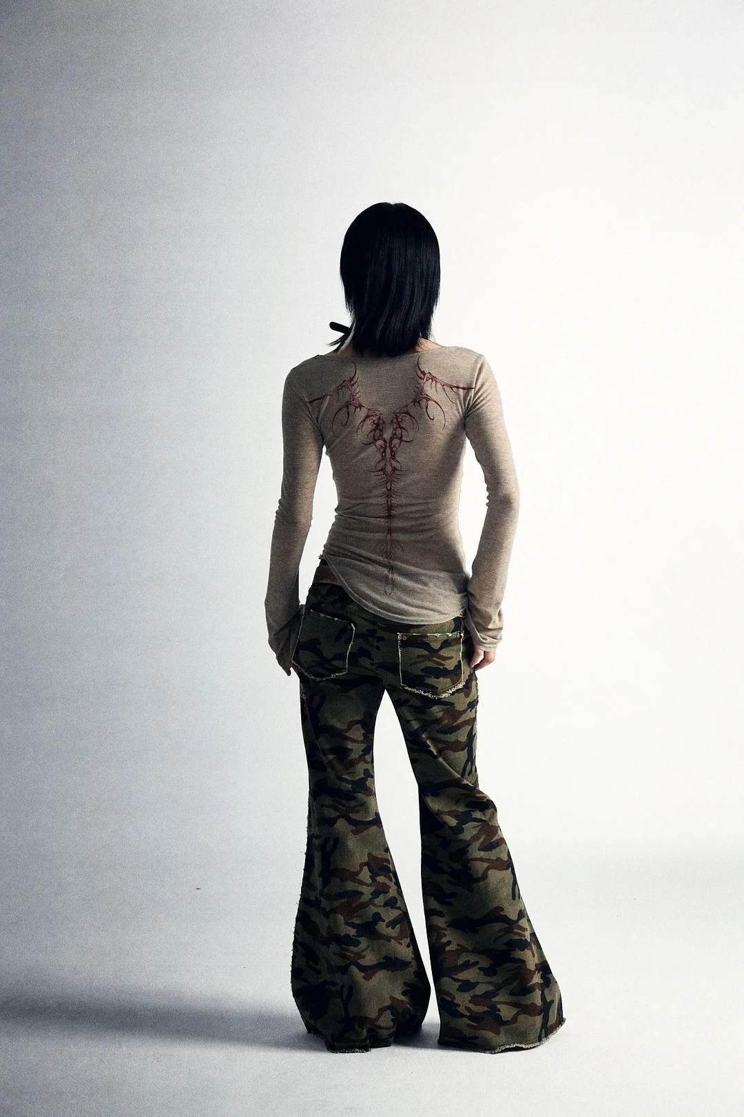 Brownm Grunge Back Print Top