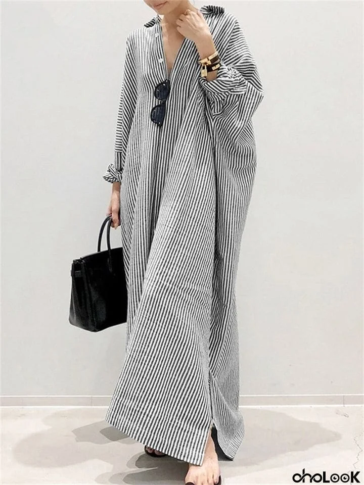 Women's Plus Size Office Irregular Linen Vertical Stripe Long Dresses