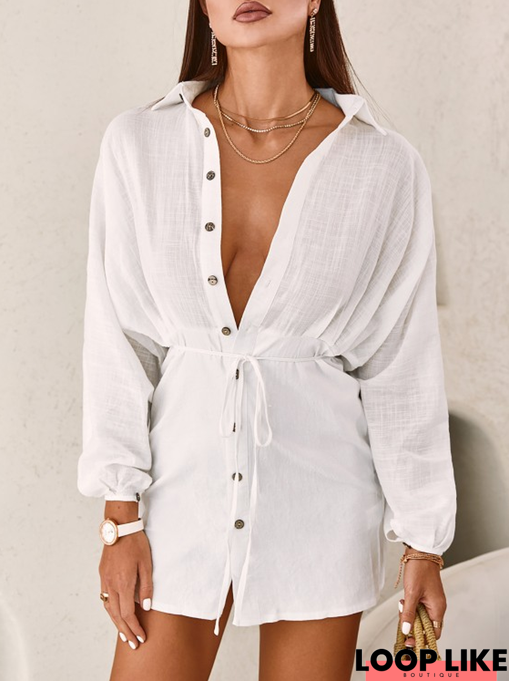 Casual Plain Linen Shirt Collar Dress