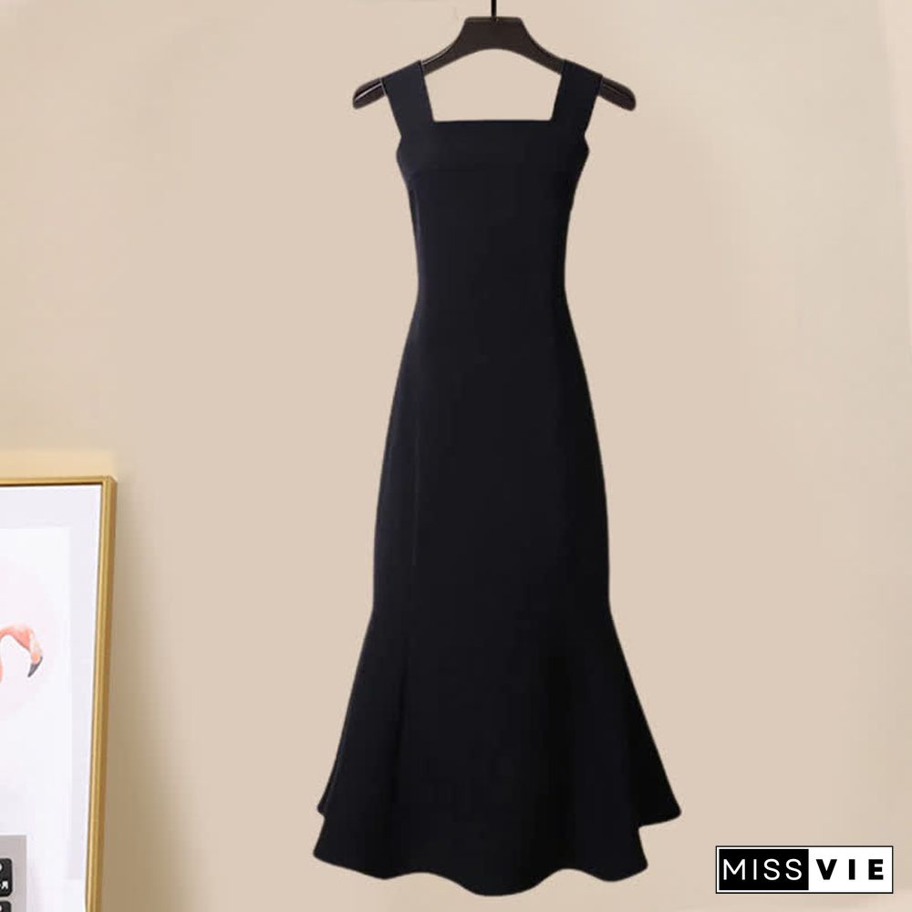 Chic Pure Color Knit Sweater Slip Dress Two Pieces Set