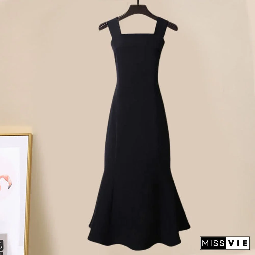 Chic Pure Color Knit Sweater Slip Dress Two Pieces Set