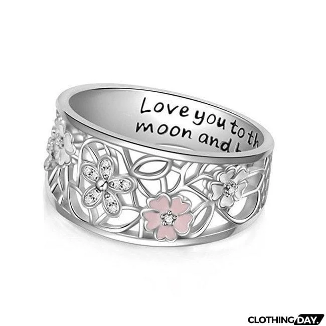 Pink Flower Glamour Letter Engraved Finger Ring