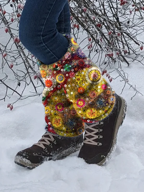 Floral retro print knit boot cuffs leg warmers