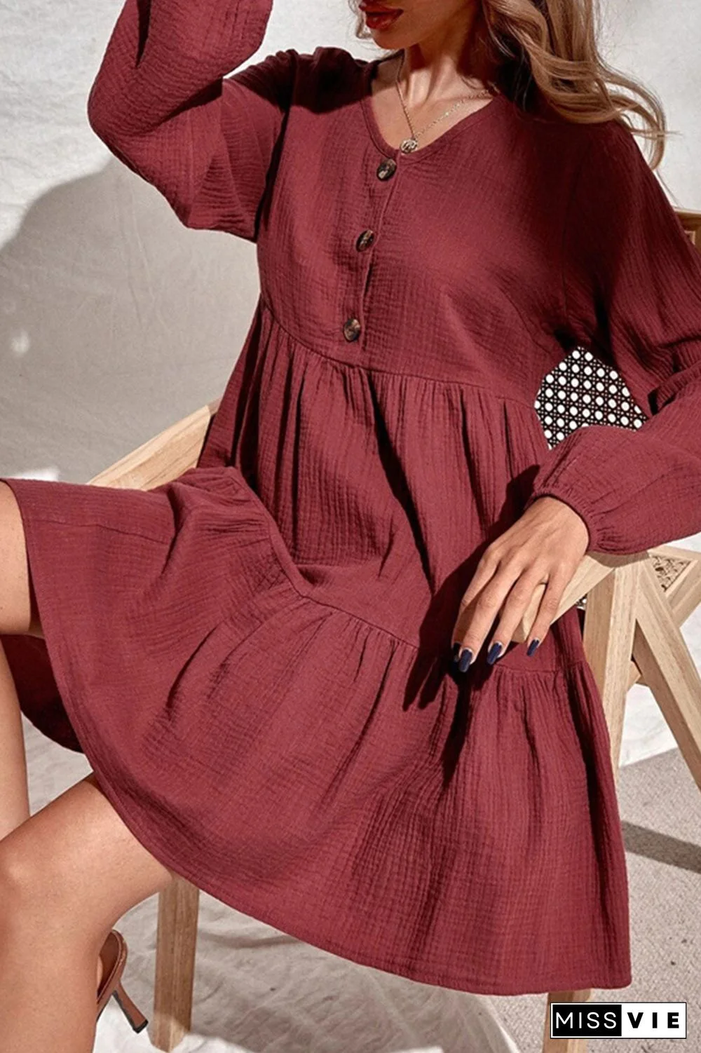 Casual Elegant Solid Buckle Flounce V Neck A Line Dresses