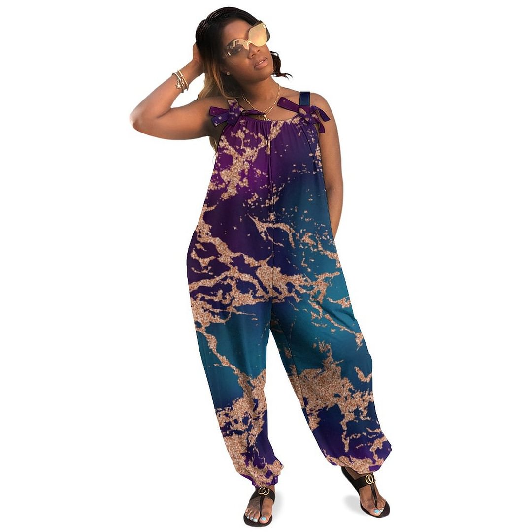 Moody Marble Deep Luxe Purple Teal Rose Gold Boho Vintage Loose Overall Corset Jumpsuit Without Top