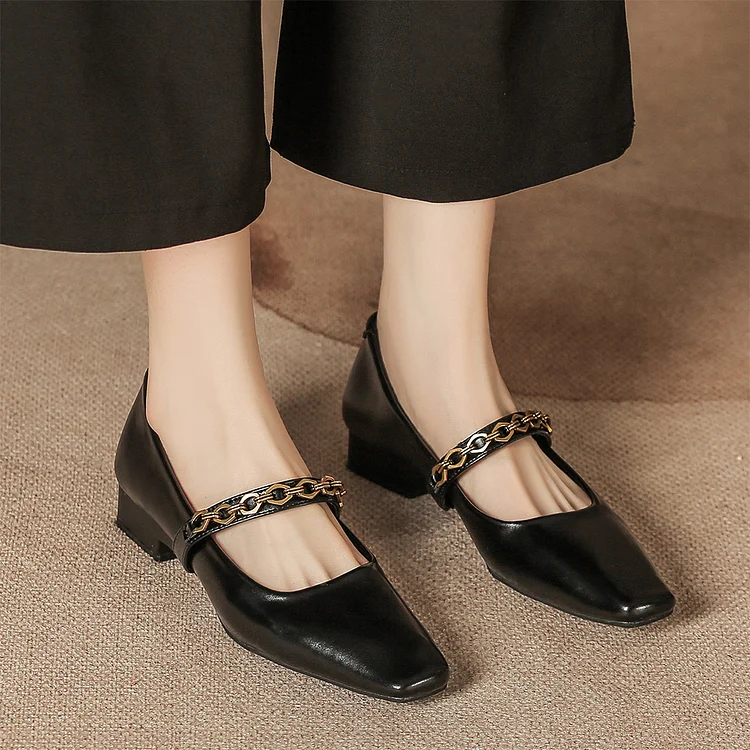 Solid Color Metal Chain Decor Instep Strap Square Toe Low Heels