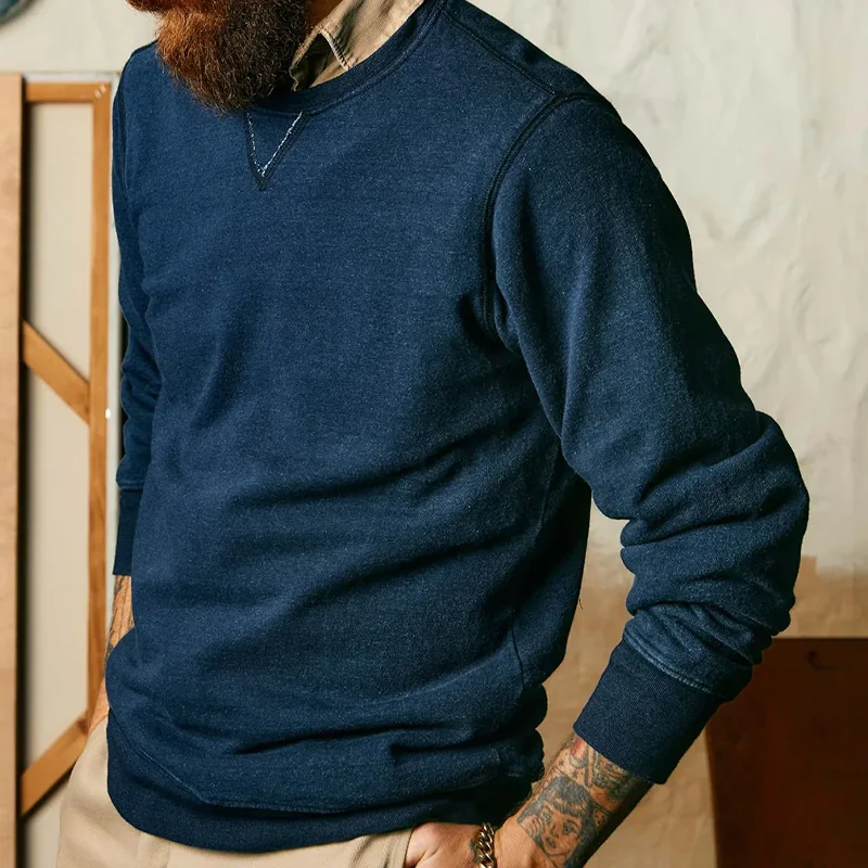 Navy Blue Contrasting Stitching Yarn-dyed 100% Cotton Sweatshirt