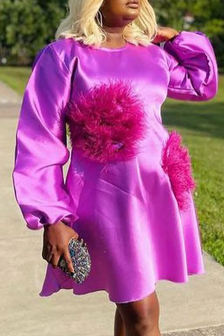 Plus Size Semi Formal Dress Purple Long Sleeve Round Neck Feather Midi Dress [Pre-Order]