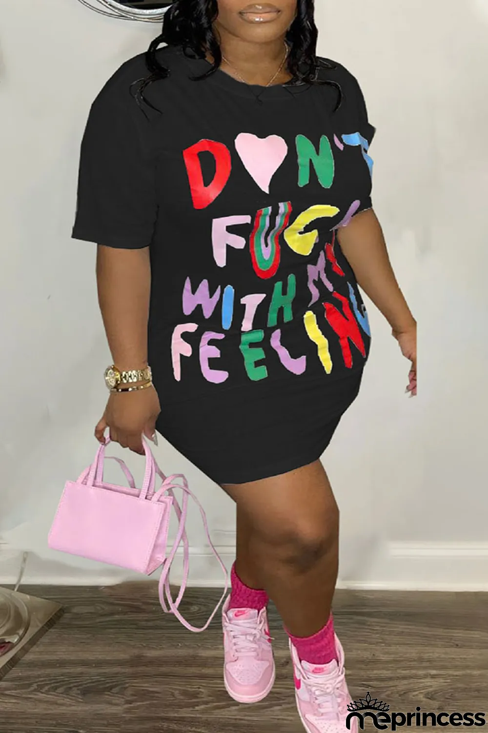 Grey Casual Print Patchwork O Neck Straight Plus Size Dresses