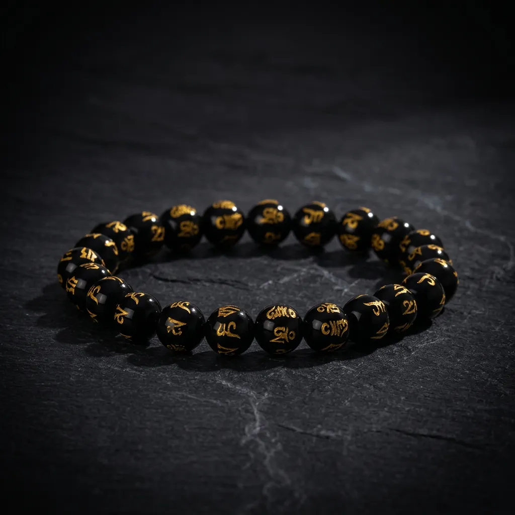 JiStones | Zen Serenity Gold-Etched Black Obsidian Mantra Bracelet Mystic Gold Obsidian - 8mm