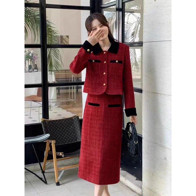 Ueong 2023 Autumn Winter High-End Fashion Suit Set for Women with Chic French Style Checkered Jacket and Skirt Lady 2 Piece Set
