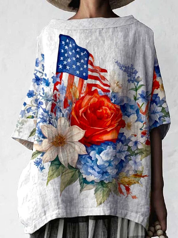 Women's Independence Day American Flag Floral Pattern Cotton and Linen Top