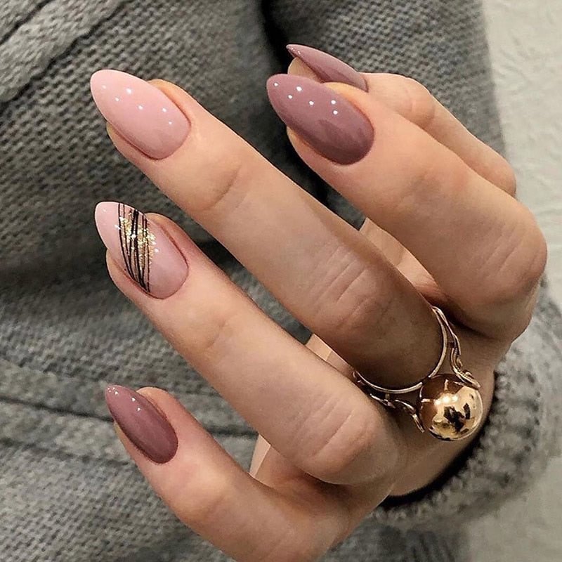 24pcs false press on nails pink color oval head Mid-length Wear  Finished product wearable full cover fake nail tips for girls 515