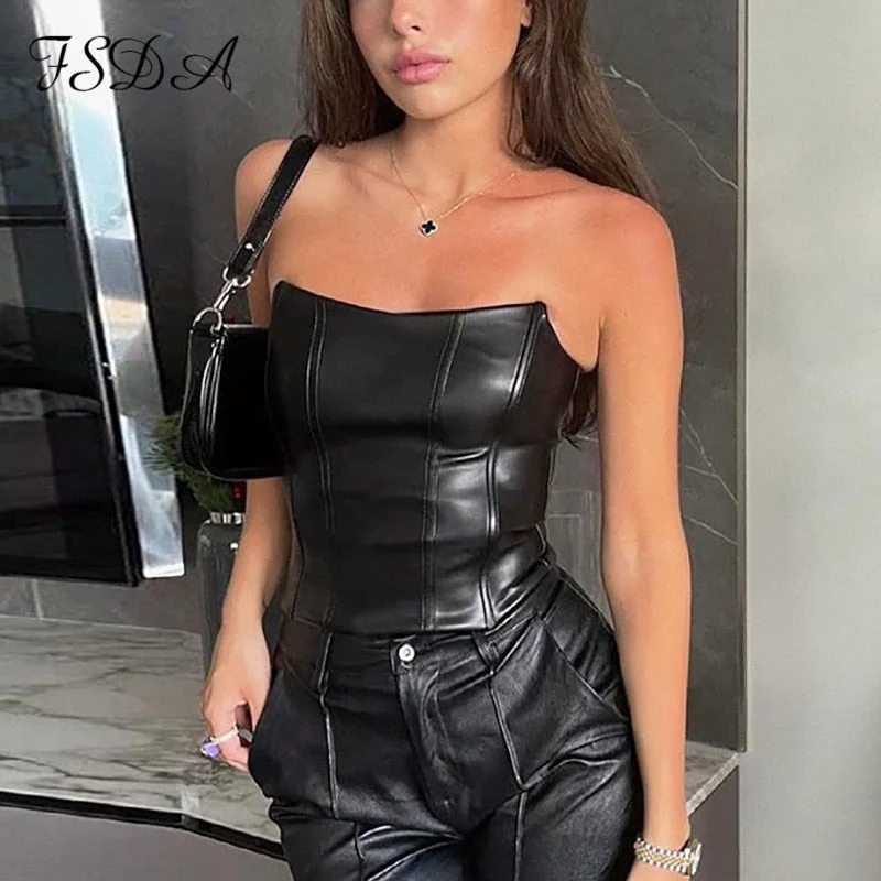 FSDA 2021 Summer Autumn PU Leather Corset Crop Top Tube Women Black Strapless Backless Brown Y2K Sexy Sleeveless Tank Tops